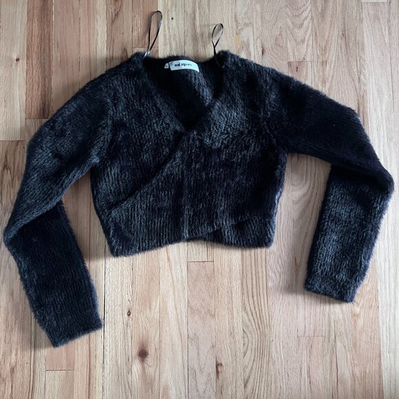 Oval Square Anthropologie Fuzzy Black Cropped Sweater Medium faux wrap v neck - Picture 2 of 12